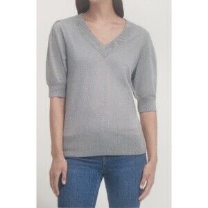 DKNY Women's Modern Fit V Neck Puff Sleeve Sweater